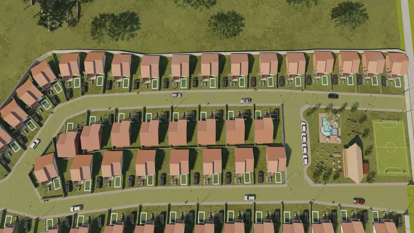 Render 3D aéreo del condominio completo
